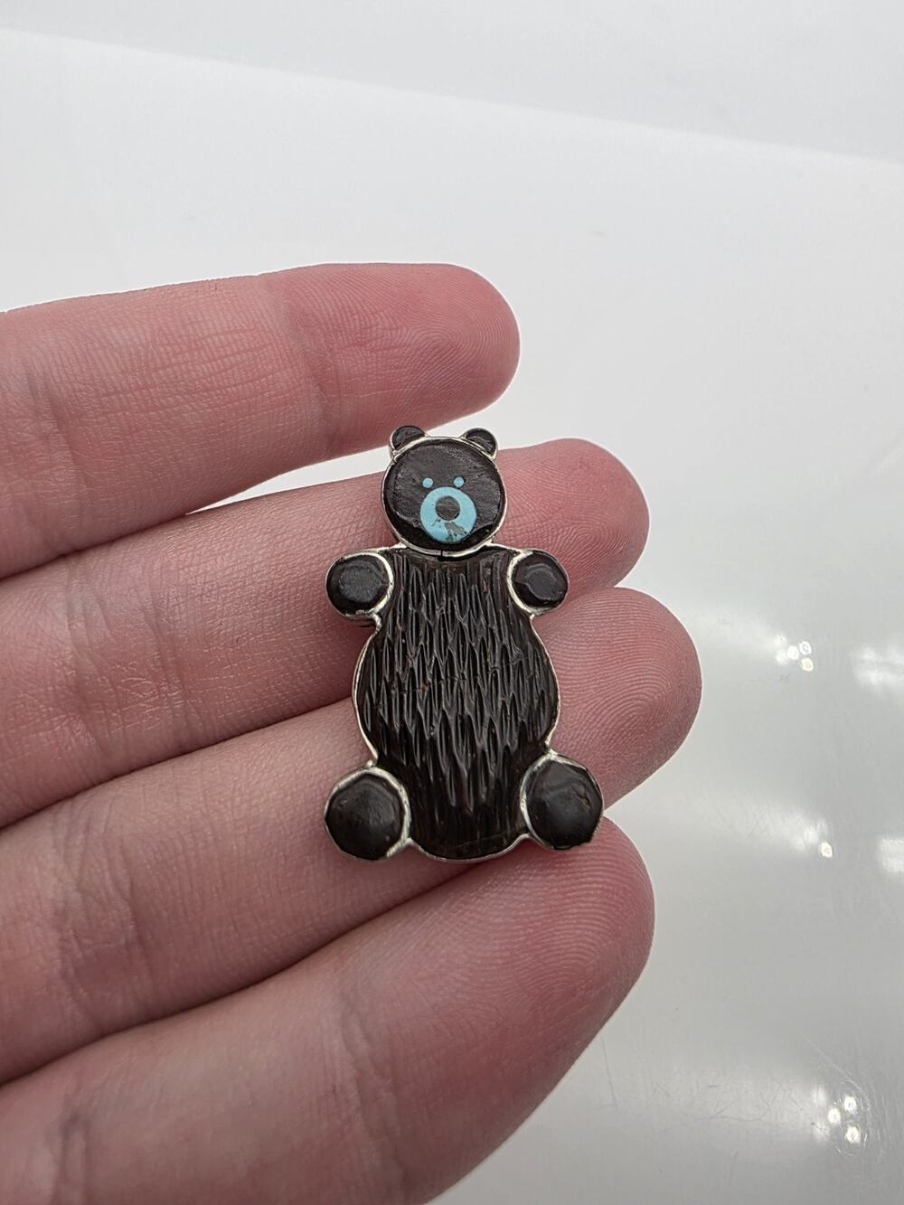 Ernest Leekela Vintage Zuni Bear Pendent / Brooch Sterling Silver 925 Inlay